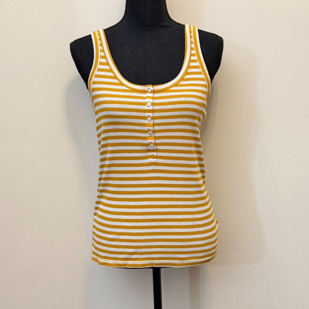 Aerie Real Soft Ribbed Henley Tank Top Mustard Yellow Gray Striped Racerback Med